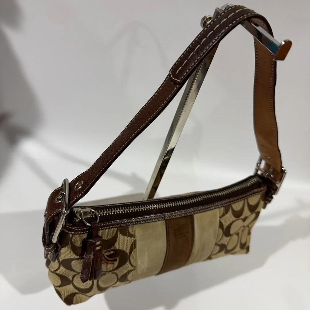 Vintage Coach Signature Brown Suede Stripe Monogram Demi Baguette Shoulder Bag - Picture 3 of 13